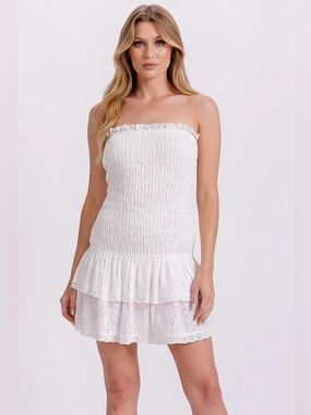 White Strapless Smocked Eyelet Mini Dress